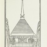 An illustration of one of the architectural wonders imagined in the book, a pyramid topped by an obelisk.